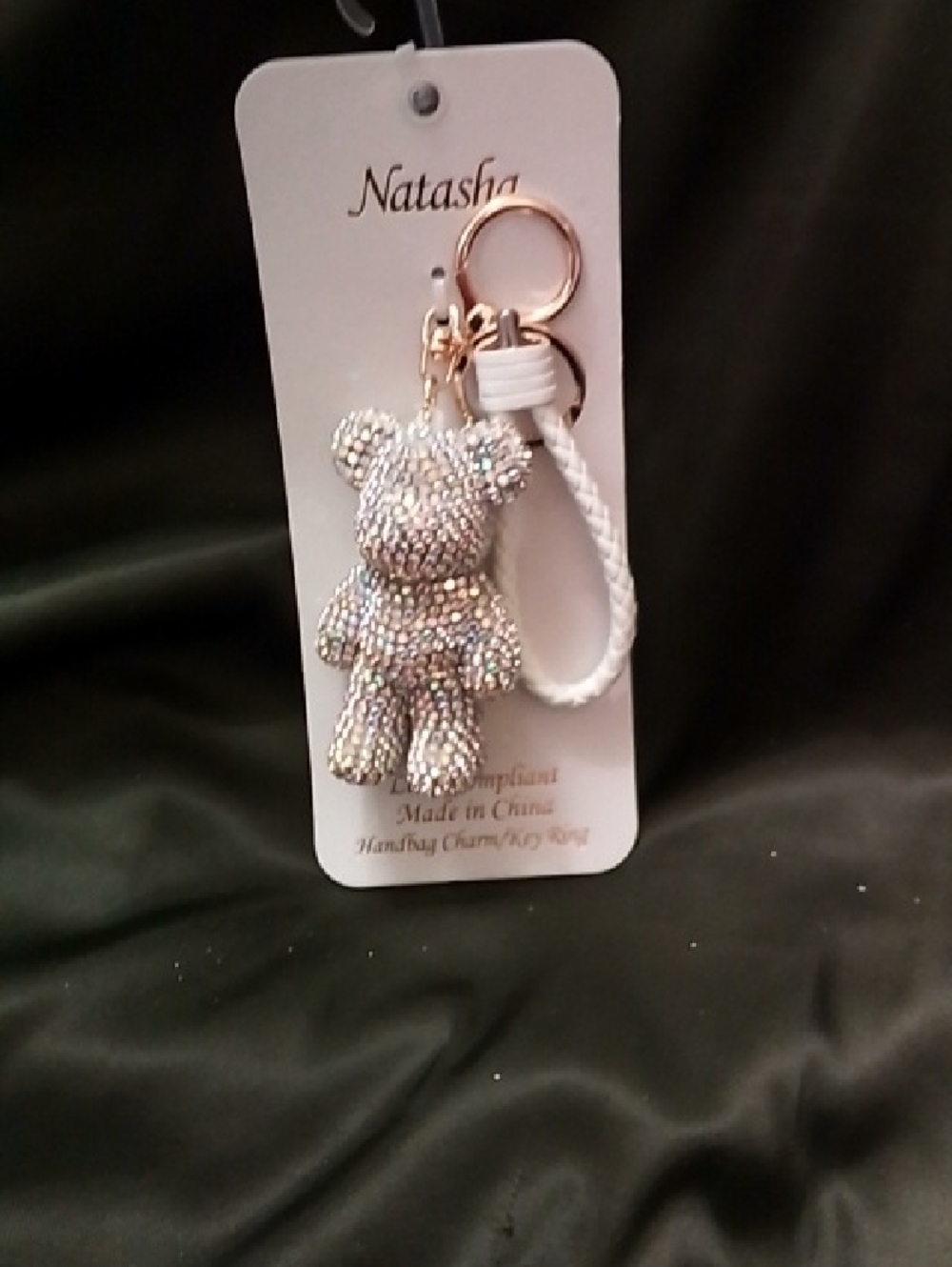 Natasha Couture Iridescent Crystal Bear Keychain with White Braided Strap